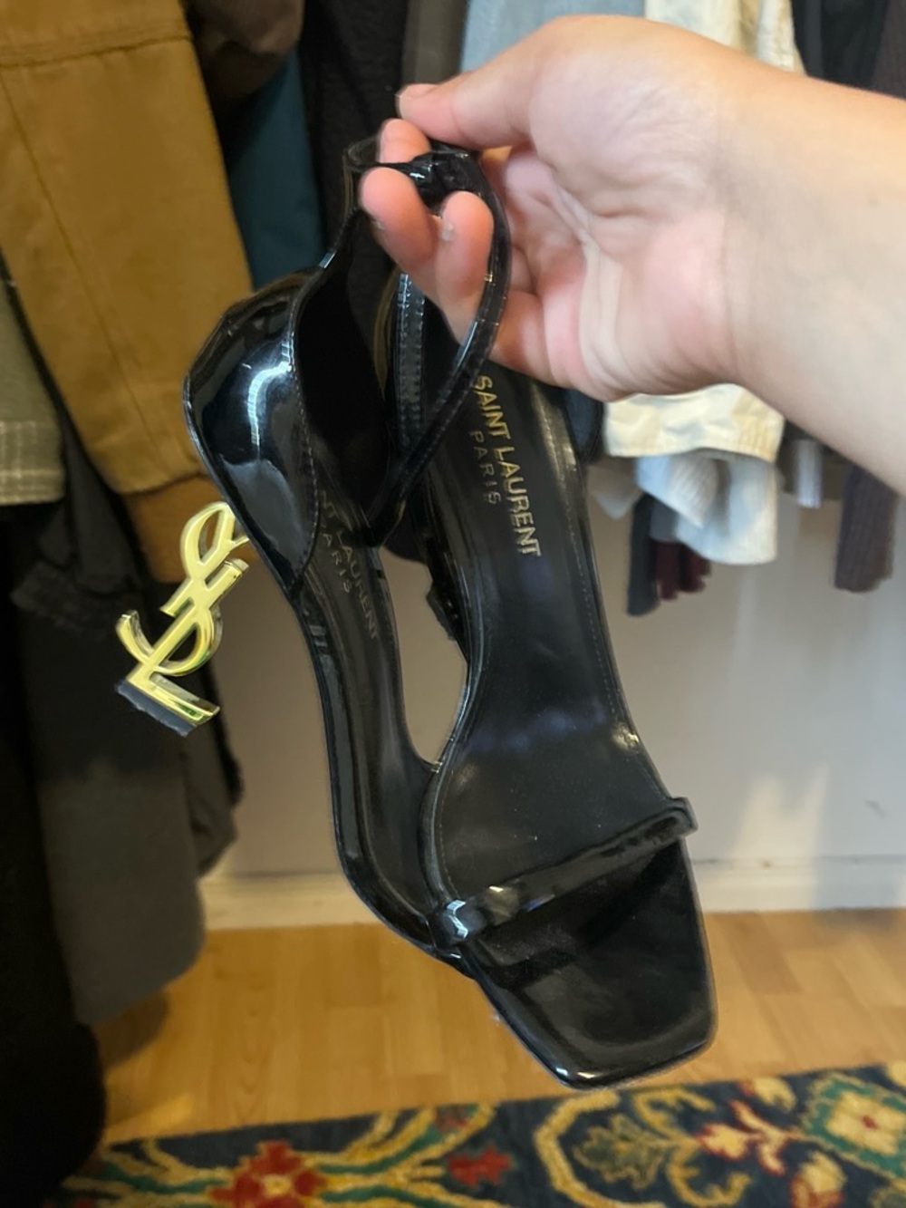 Saint Laurent Black Patent Leather Sandals with Gold YSL Logo Heel